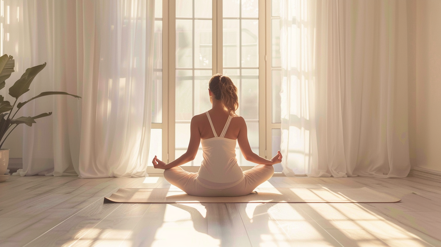 Жінка середнього віку практикує йогу на природі